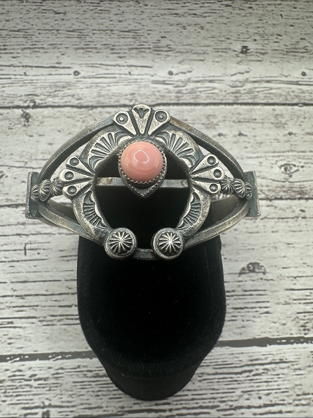 Sterling Silver Tufa Cast Cuff Bracelet with Pink Cabochon Accent